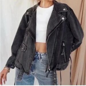 Mod Ref Black Denim Moto Jacket Lace Up Side Zip Size S